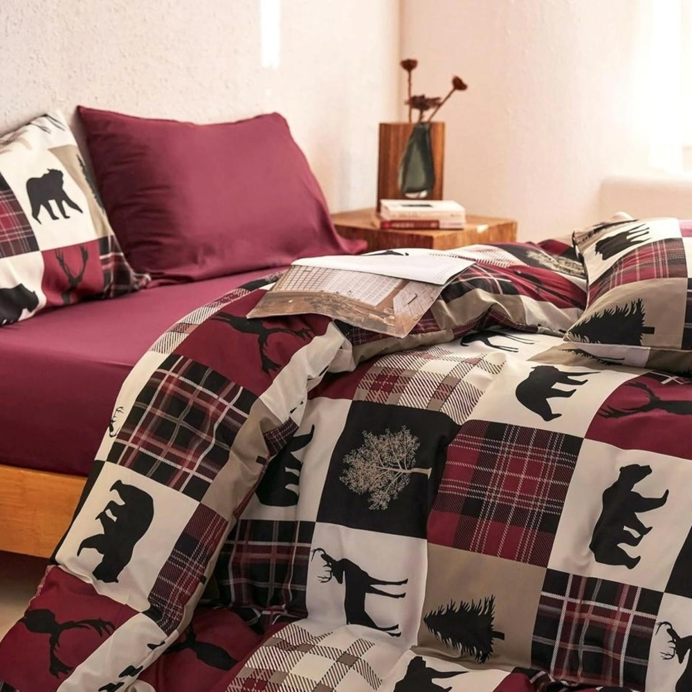 Duvet Cover Set Plaid Lodge Bedding Set in Burgundy and Cream - Cozy Cabin Style